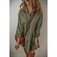 Jungle Green Puff Sleeve Buttoned Tiered Pleated Shirt Mini Dress - M