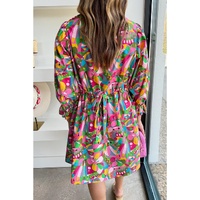 Pink Abstract Printed Lantern Sleeve Buttoned Mini Dress - L