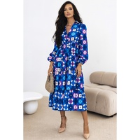 Blue Floral Peasant Sleeve Tiered Ruffle Midi Dress - L