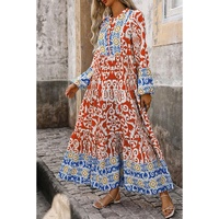 Orange Boho Geometric Printed Long Sleeve Maxi Dress - L