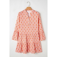 Orange Floral Print Flounce Sleeve Buttoned Front Mini Dress - L