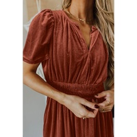 Chestnut Velvet Short Sleeve Shirred Waist Tiered Maxi Dress - L