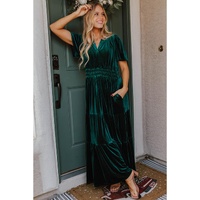 Evergreen Velvet Short Sleeve Shirred Waist Tiered Maxi Dress - L