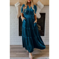 Prussian Blue Velvet Short Sleeve Shirred Waist Tiered Maxi Dress - S