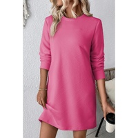 Rose Red Solid Color Textured Long Sleeve Shift Dress - L