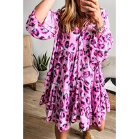 Rose Leopard Print Buttoned Front 3/4 Sleeve Tiered Ruffled Hem Dress - XL