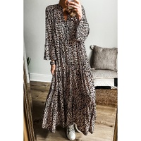 Apricot Leopard Print Tiered Wide Sleeve Maxi Dress - L