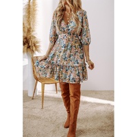 Sky Blue Floral 3/4 Sleeve V Neck High Waist Ruffled Dress - S