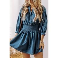 Prussian Blue 3/4 Sleeve Shirred High Waist Buttoned Mini Dress - L