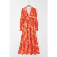 Orange Boho Floral Bishop Sleeve V Neck Tiered Maxi Dress - S