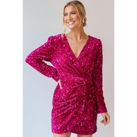 Pitaya Pink Velvet Sequin Long Sleeve V Neck Wrapped Mini Dress - S