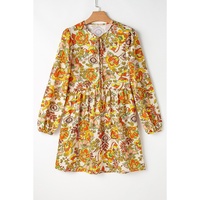 Yellow Cream Floral Print V Neck Puff Sleeve Mini Dress - XL