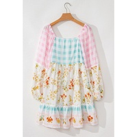 Pink Ric Rac Plaid Floral Print Patchwork Bubble Sleeve Dress - L