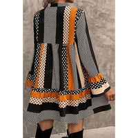 Black Striped Polka Dot Print Ruffled Hem V Neck Mini Dress - M