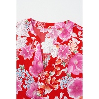 Red Floral Print High Waist V Neck Babydoll Mini Dress - L