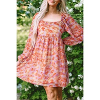 Rose Floral Print Square Neck High Waist Mini Dress - XL