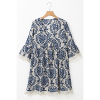 Sky Blue Vintage Printed Lace Trim V Neck 3/4 Sleeve Loose Dress - S