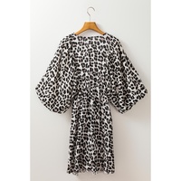 Black Leopard Print Elasticated V Neck 3/4 Puff Sleeve Dress - L