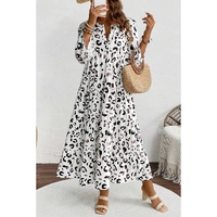 White Leopard Print Notch V Neck Loose Fit Maxi Dress - S