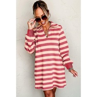 Pink Stripe Collared V Neck Long Sleeve Loose Casual Dress - L