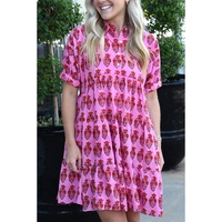Sachet Pink Floral Print Multi Buttons Collared Short Sleeve Flowy Dress - S