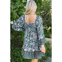Green Floral Print Piping Trim Bubble Sleeve Square Neck Dress - S