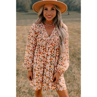 Beige Floral Deep V Neck Smocked Bust Bubble Sleeve Babydoll Dress - L