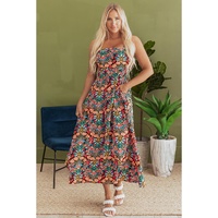 Black Boho Floral Print Thin Straps Sleeveless High Waist Maxi Dress - S