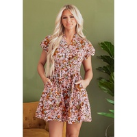 Pink Floral Print Puff Sleeve Shirred High Waist Mini Dress - L