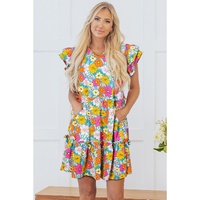 Sky Blue Floral Print Smocked Notch V Neck Flutter Sleeve Mini Dress - M
