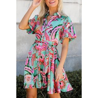 Green Abstract Print Lace-up High Waist Buttoned Mini Dress - L