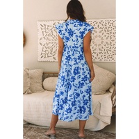 Sky Blue Floral Print Tiered Frilled Trim Flutter Sleeve Maxi Dress - S