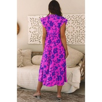 Rose Floral Print Tiered Frilled Trim Flutter Sleeve Maxi Dress - S