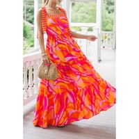 Red Abstract Print Knotted Shoulder High Waist Maxi Dress - M