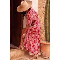 Red Paisley Print Side Slit Puff Sleeve High Waist Maxi Dress - L