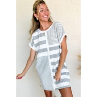 Azura Exchange Gray Stripe Mixed Printed Short Sleeve Shift Mini T Shirt Dress - L