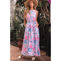 Sky Blue Floral Printed Sleeveless O Neck Knot Waist Maxi Dress - XL