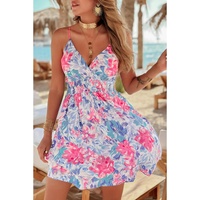 Sky Blue Floral Spaghetti Strap Surplice Neck Shirred Waist Mini Dress - L