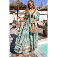 Green Boho Floral Print Lace-up Open Back High Waist Maxi Dress - S