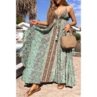 Green Floral Print V Neck Ruffled Trim Backless Tassel Waist Maxi Dress - L