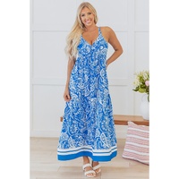 Blue Paisley V Neck Crisscross Backless Maxi Dress - M
