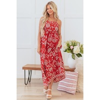 Red Floral Printed Spaghetti Strap Empire Waist Maxi Dress - L