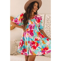 Rose Red Floral Bubble Sleeve V Neck Tiered Ruffle Babydoll Dress - XL