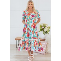 Rose Red Floral Knot Puff Sleeve V Neck Buttoned Front Split Lace Maxi Dress - S