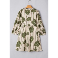 Guacamole Green Floral Striped Print Contrast Piping Puff Sleeve Dress - L
