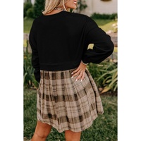 Black Plaid Patchwork High Waist Sweatshirt Mini Dress - S