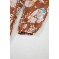 Brown Floral Print Shirred Square Neck High Waist Maxi Dress - L