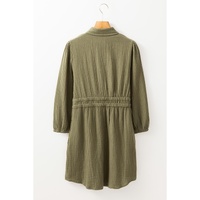 Jungle Green Textured Bracelet Sleeve Collared Button Up Dual Tied Mini Dress - S