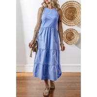 Myosotis Ribbed Vest Patchwork Tiered Midi Dress with Pockets - L