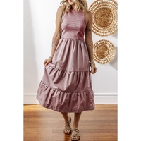 Sepia Rose Ribbed Vest Patchwork Tiered Midi Dress with Pockets - L